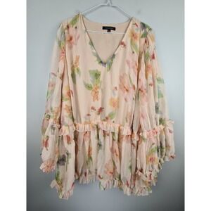 Strut & Bolt Women's The Carrigan Pleated Oversized‎ L Floral Mini Dress Peach